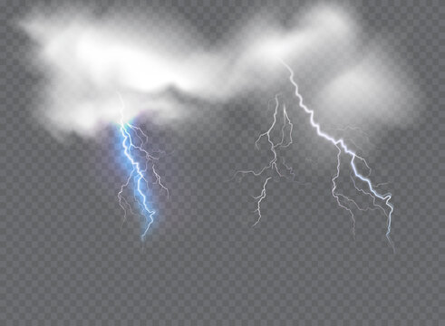 Vector realistic dark stormy sky with clouds, heavy rain and lightning strikes.