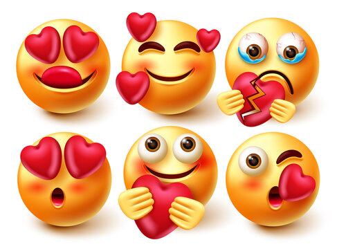 Smileys in love emoji vector set. Emoji 3d character in love and broken expressions with pose like holding, crying and kissing for cute emojis collection design. Vector illustration
