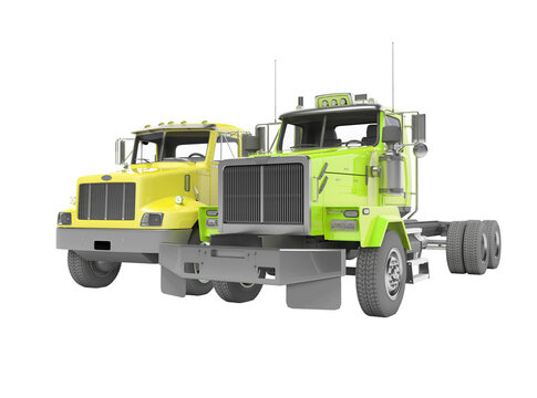 3d render group yellow and green dump truck isolated on white background no shadow