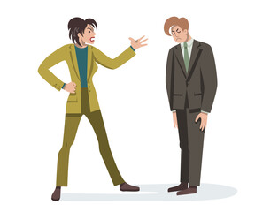  Angry female chief shouts at the subordinate. Disgruntled  female boss insults an employee.  Conflicts at work. Negative emotions. Flat illustration on isolated white background.