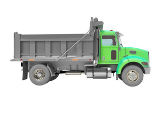 3d render of green dump truck with trailer with automatic closing side view on white background no shadow