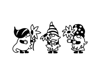 Three adorable gnomes with sunflower are on white background. Vector illustration.