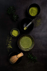 Japan green matcha tea with black background