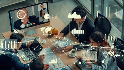 Creative visual of business people in a corporate staff meeting on video call . Concept of digital technology for marketing data analysis and investment decision making . - Powered by Adobe