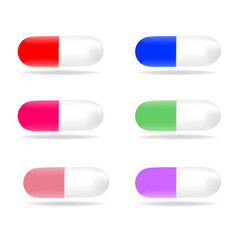Various color medical pills on white background, vector illustration 