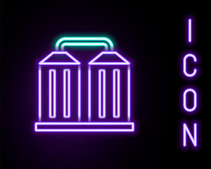 Glowing neon line Granary icon isolated on black background. Silo with grain, elevator, granary, factory. Warehouse of grain crops. Colorful outline concept. Vector