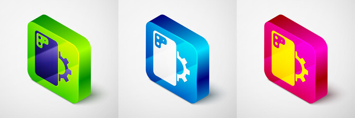 Isometric Phone repair service icon isolated on grey background. Adjusting, service, setting, maintenance, repair, fixing. Square button. Vector