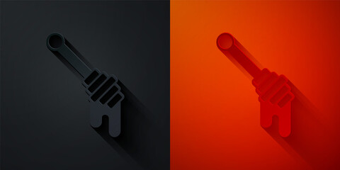 Paper cut Honey dipper stick icon isolated on black and red background. Honey ladle. Paper art style. Vector