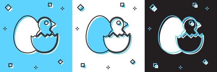 Set Little chick in cracked egg icon isolated on blue and white, black background. Vector