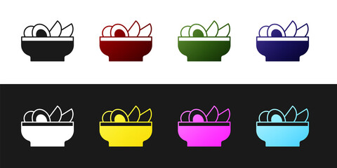 Set Nachos in plate icon isolated on black and white background. Tortilla chips or nachos tortillas. Traditional mexican fast food menu. Vector