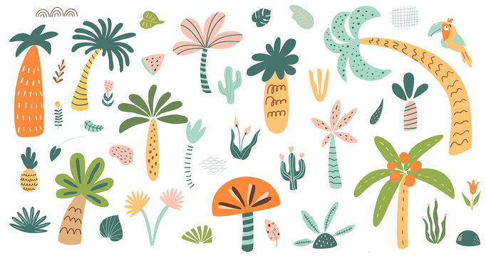 Cute palm tree isolated set. Stylized palm tree collection. Childish safari tree Forest elements. Jungle tropical trees.