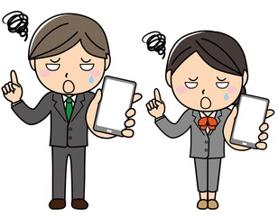 男女01_02（スーツ・困惑・困る・スマホ・指差し・ポイント・説明）