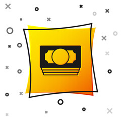 Black Stacks paper money cash icon isolated on white background. Money banknotes stacks. Bill currency. Yellow square button. Vector