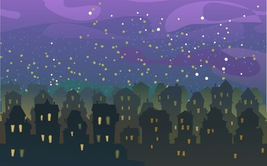 Town. Silhouette of cartoon houses of the village or city. Street. Night and starry sky. Nice cozy private residence in traditional style. Nice funny home. Illustration. Vector