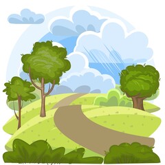Naklejka premium Country road. Green rural landscape with trees. Meadows and Hills. Scene with nature and clouds. Flat cartoon style. The illustration is isolated on a white background. Vector