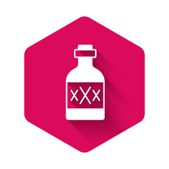 White Tequila bottle icon isolated with long shadow background. Mexican alcohol drink. Pink hexagon button. Vector