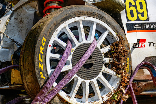 ZAGREB, CROATIA - Apr 23, 2021: Close-up Of Toyota Yaris WRC Race Car On Towing Truck After Crash.