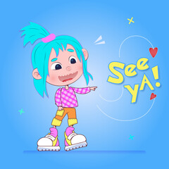 Fototapeta premium Cool cute girl standing on blue background. Stickers or badges