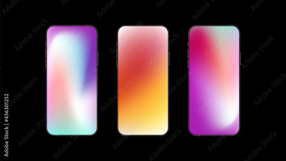 Poster set of three colorful gradient backgrounds on smartphone. vector illustration