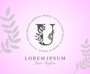 Feminine Letter U Logo with Nature Leaves Texture Design Logo Icon. Creative Beauty Alphabetical Beauty Nature Logo Template.