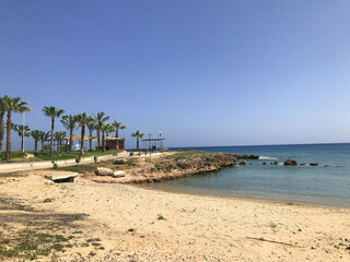 Fototapeta premium sea rocky bay with clear water and beautiful rocks. Paralimni. Protaras. Ayia Napa. Cyprus