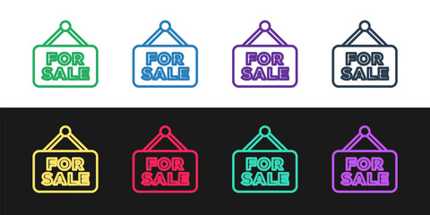 Set line Hanging sign with text For Sale icon isolated on black and white background. Signboard with text For Sale. Vector