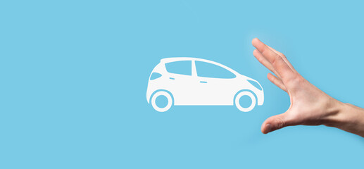 Digital composite of Man holding car icon.Car automobile insurance and car services concept. Businessman with offering gesture and icon of car