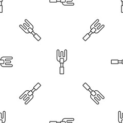 Grey line Garden rake icon isolated seamless pattern on white background. Tool for horticulture, agriculture, farming. Ground cultivator. Housekeeping equipment. Vector