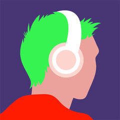 vector illustration of a guy with headphones in his ears listening to a podcast, audio book or online music in trendy colors. useful for advertising music channels, podcasts, online music services
