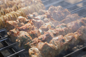 grilling meat, delicious lamb shish kebab