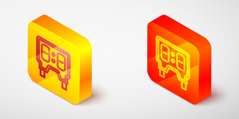 Isometric line Sport baseball mechanical scoreboard and result display icon isolated on grey background. Yellow and orange square button. Vector