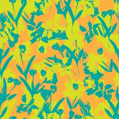 Fototapeta na wymiar Orange Floral Brush strokes Seamless Pattern Background