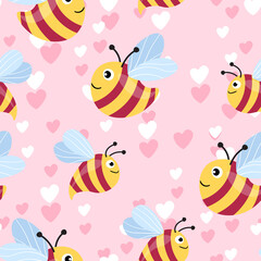 Seamless pattern with bees and hearts on color background. Small wasp. Vector illustration. Adorable cartoon character. Template design for invitation, cards, textile, fabric. Doodle style