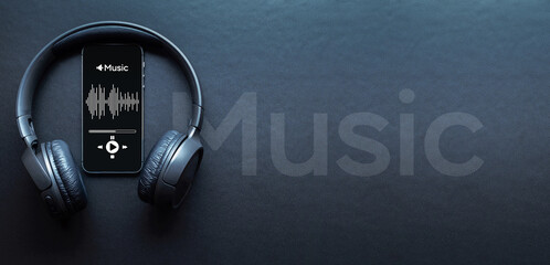 Music concept. Audio beats, sound headphones, music application on mobile smartphone screen. Record...