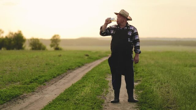 Senior worker in apron holding drinking beer at field. Handsome male brewer drinking beer from glass at sunset time.