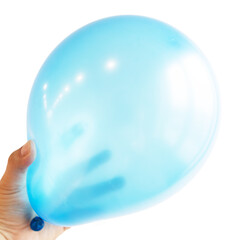 Inflated blue balloon in hand isolated on white