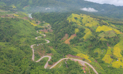 Aerial view of cars driving on curved, zigzag curve road or street on mountain hill with green...