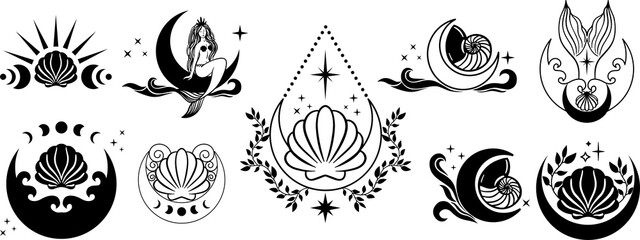 Ocean Witchy Magic illustrations. Sea and ocean witch symbols. Seashell, mermaid, seahorse, under the sea life. Water goddess set tattoo logo design