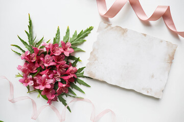 postcard mockup. composition of pink flowers and an envelope. white blank with place for text 