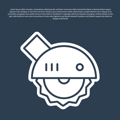 Blue line Electric circular saw with steel toothed disc icon isolated on blue background. Electric hand tool for cutting wood or metal. Vector