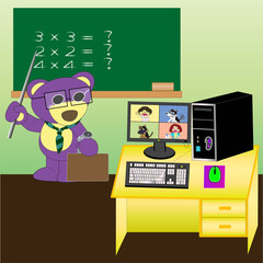 Mr.Purple bear with friends are studying in online style 