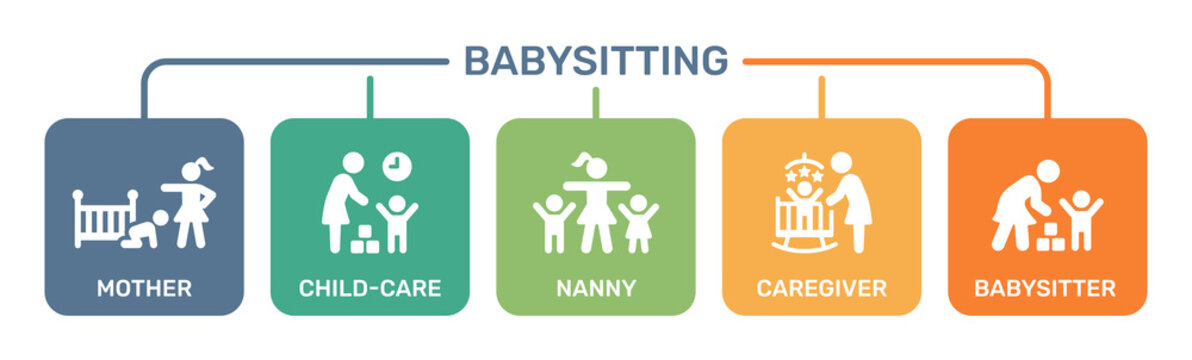 Babysitter service icons set. Night time nanny for infant kid or day care sign concept.