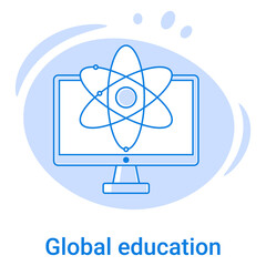 Global education and knowledge sharing icon.Advanced training courses and video lessons.Vector illustration of a thin line icon on a blue background.