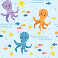 Seamless pattern of cute octopuses, starfish, small fish. Vector illustration in simple hand drawn style. Cartoon characters. Octopus, fish, sea, ocean. Summer and children's background.