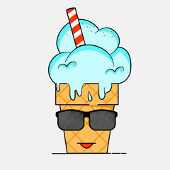 Cute funny ice cream illustration with glasses, flat illustration design concept