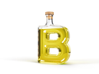 Letter B shaped bottle with olive oil inside. 3d illustration, suitable for cooking, alphabet and healthy eating themes