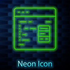 Glowing neon line Software, web developer programming code icon isolated on brick wall background. Javascript computer script random parts of program code. Vector