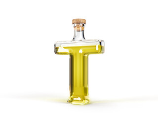 Letter T shaped bottle with olive oil inside. 3d illustration, suitable for cooking, alphabet and healthy eating themes