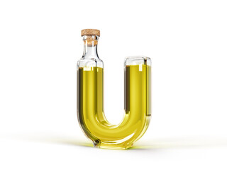 Letter U shaped bottle with olive oil inside. 3d illustration, suitable for cooking, alphabet and healthy eating themes