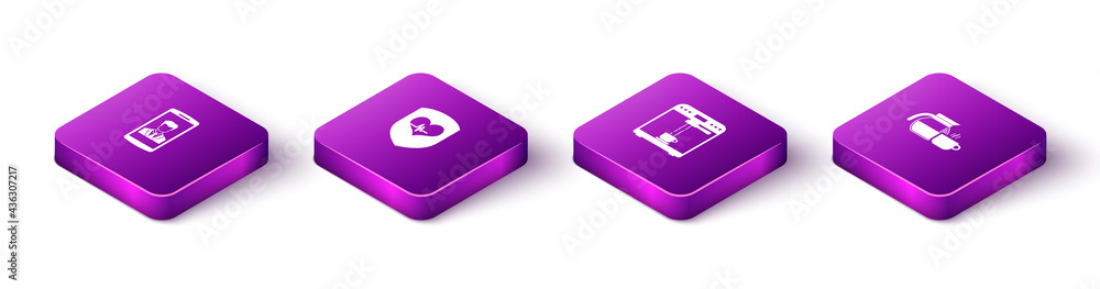 Sticker set isometric smartphone with contact, shield and heart rate, coffee machine cup and pot icon. vecto